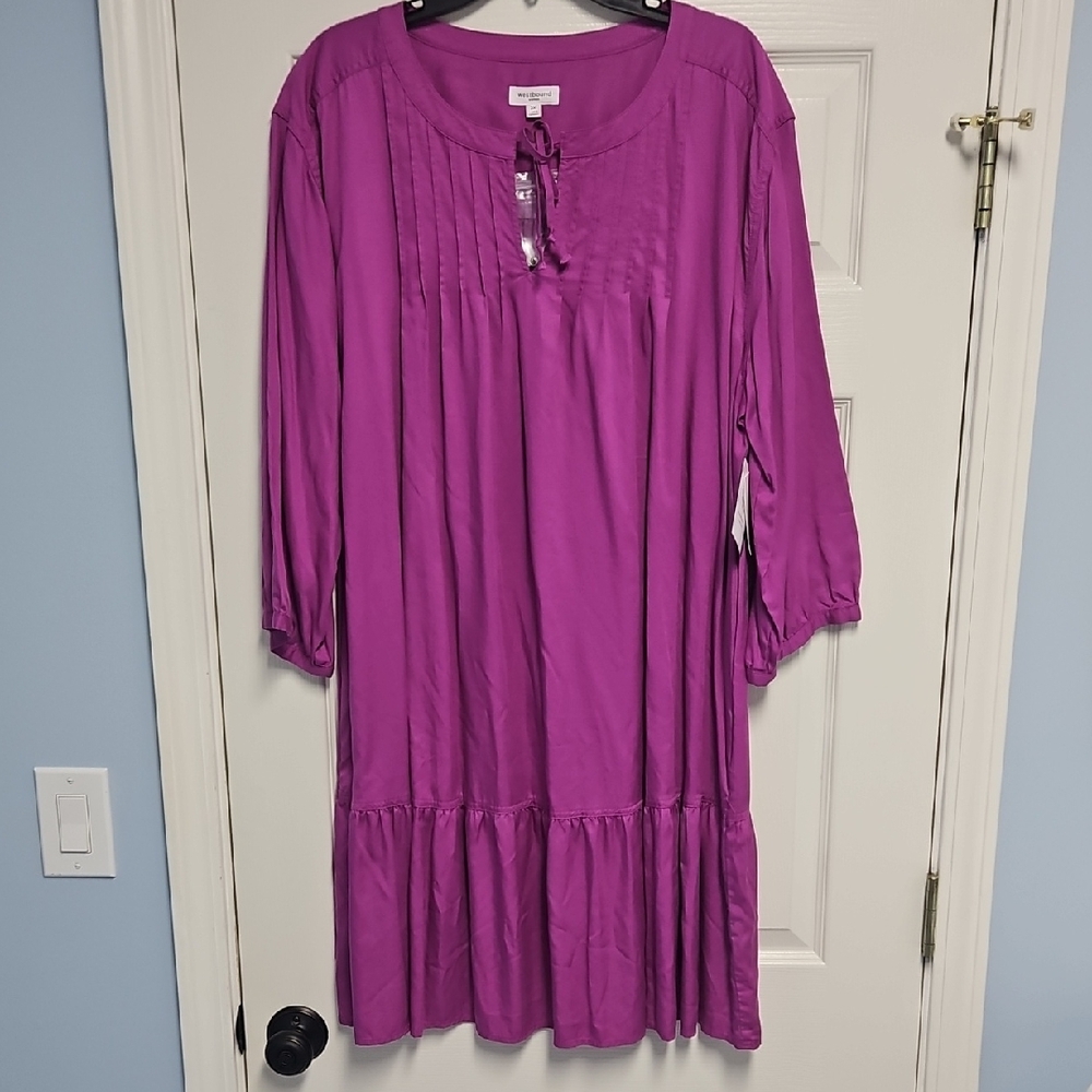 Westbound Plus Size 3/4 Sleeve Tied V-neck Lightweight Dress: Magenta: Size- 2X